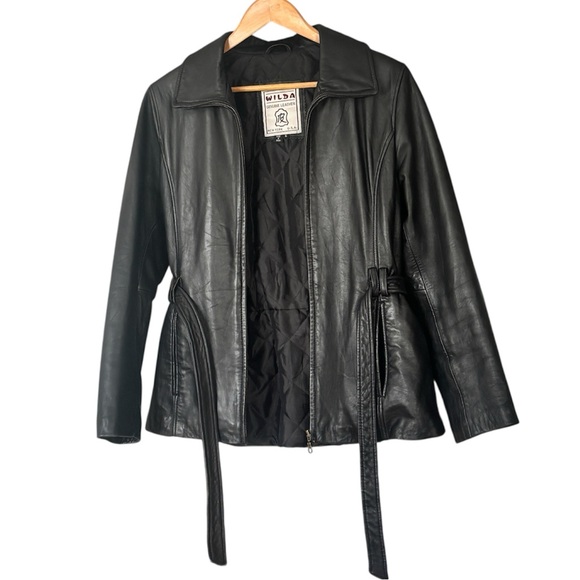 Wilda Vintage Black Leather Zip Up Belted Moto Jacket Size Small - Picture 6 of 11